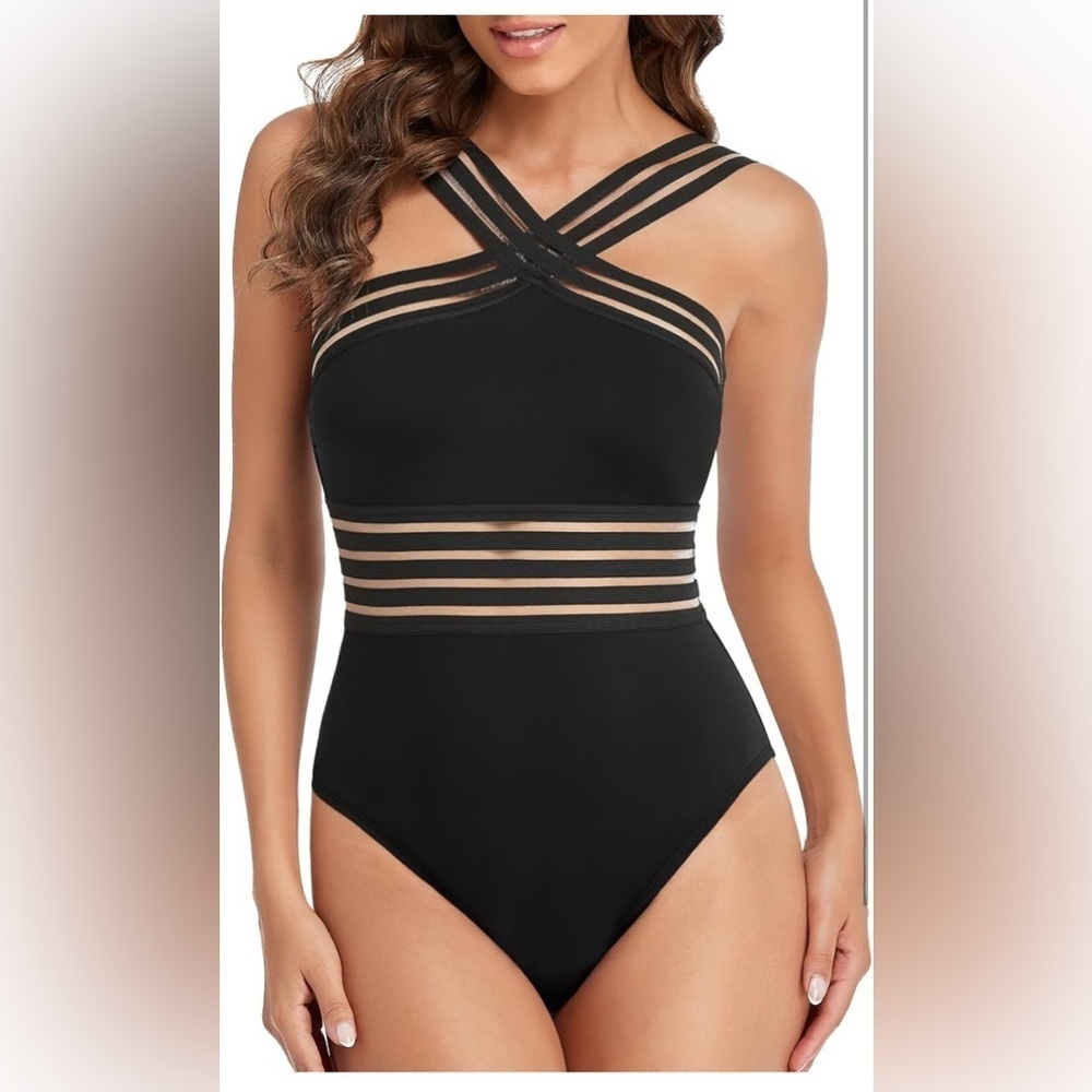 Viral black, one piece bathing suit with crisscross strap size large